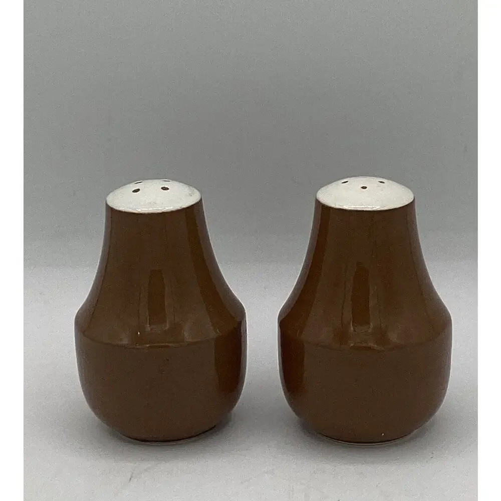 Mid Century Modern Pottery Ceramic Brown & White Salt & Pepper Shaker Set MCM